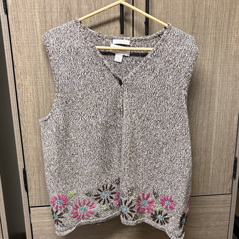 Hand Embroidered CJ Banks Gray Vest with Floral Accents